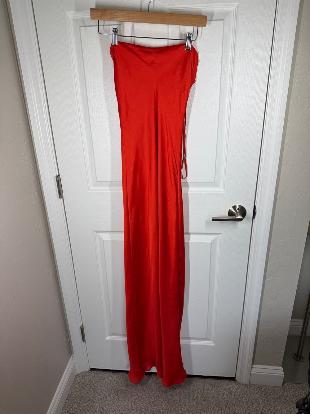 Line and dot red satin strapless slip dress with lace up back size XS